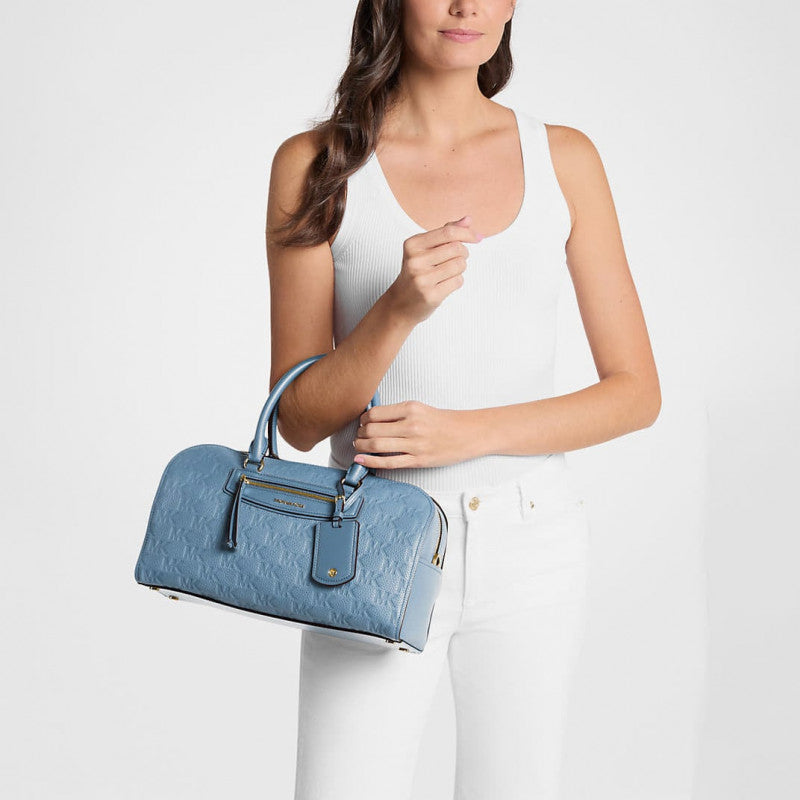Michael Kors Jet Set Travel Medium Logo Embossed Leather Duffel Crossbody Bag Chambray