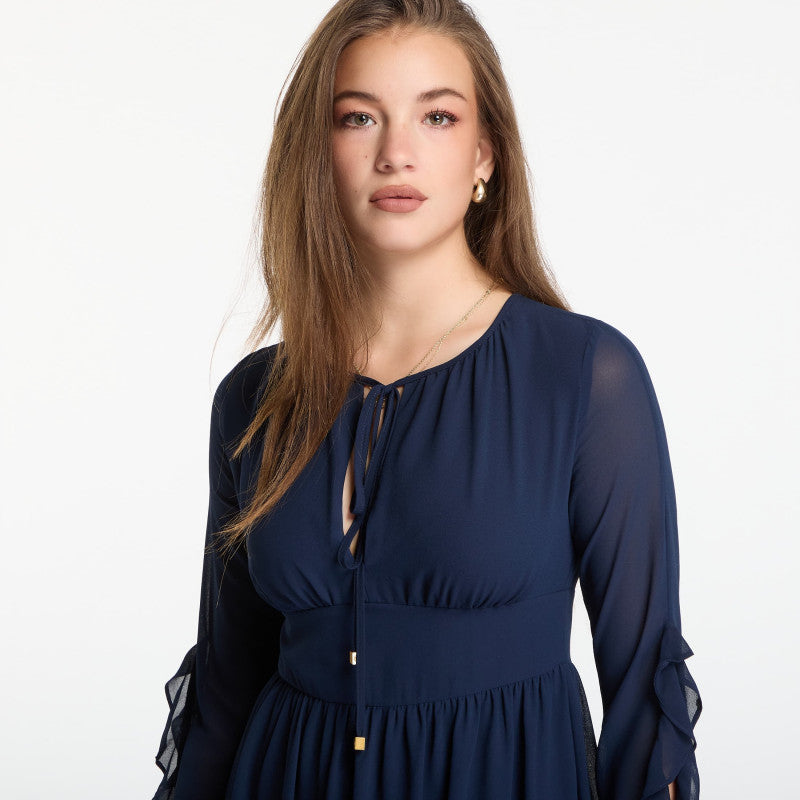 Sukienka Michael Kors Ruffled Georgette Long-Sleeve Dress Midnight Blue