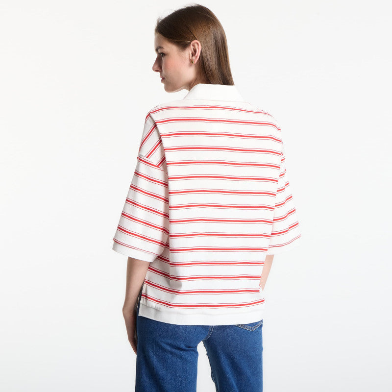 Tommy Hilfiger Multistp Oversized Ss Polo Tee Multi Stp Ecru / Fire Red